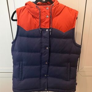 Patagonia Bivy Hooded Down Vest L Women’s Navy Rust Colorblock Warm Puffer